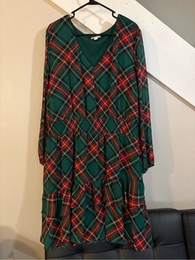 Cato Smocked Waist Plaid Green Red Dress, Size 26/28w